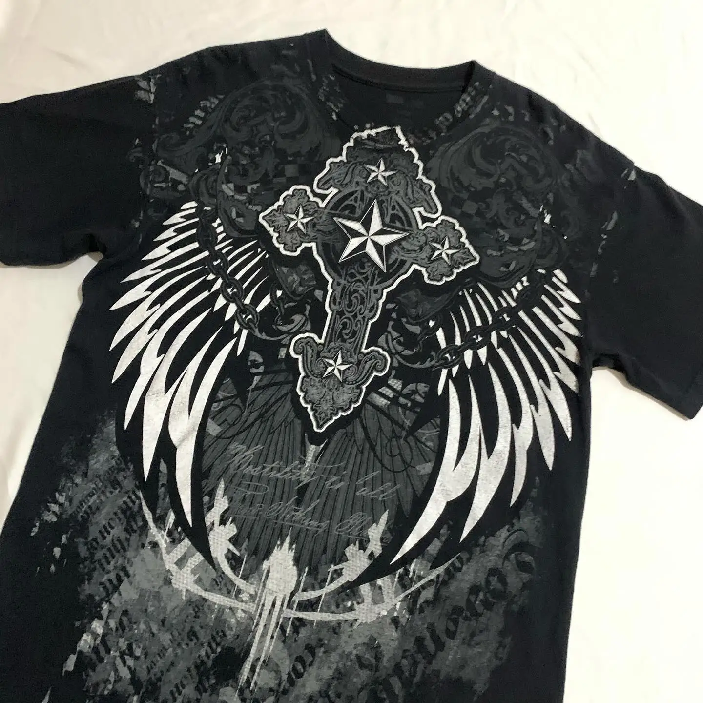 Affliction pattern T-shirt y2k tops men's pure cotton loose tops skull wings new fashion Harajuku trend style clothing - Image 5
