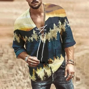 Vintage Natural 3D Print Lace Up V Neck Printed Half Sleeve Casual Loose Tunic T-Shirt T Shirts Tees Clothing Tops For Men